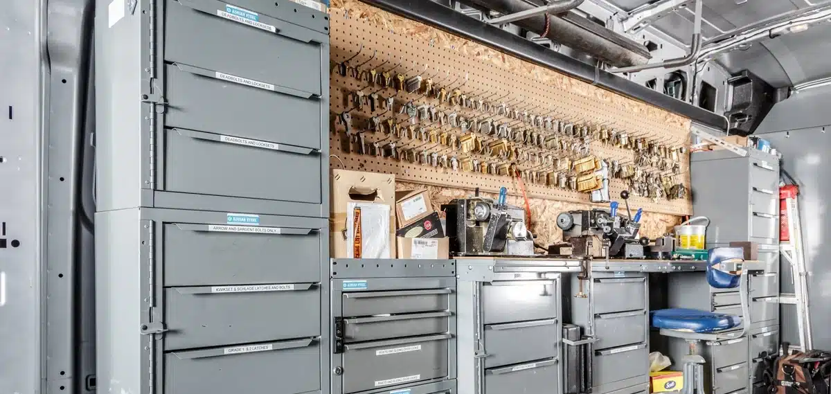 Interior of a GMC Savana cargo van upfitted with a professional locksmith workbench and organized metal shelving